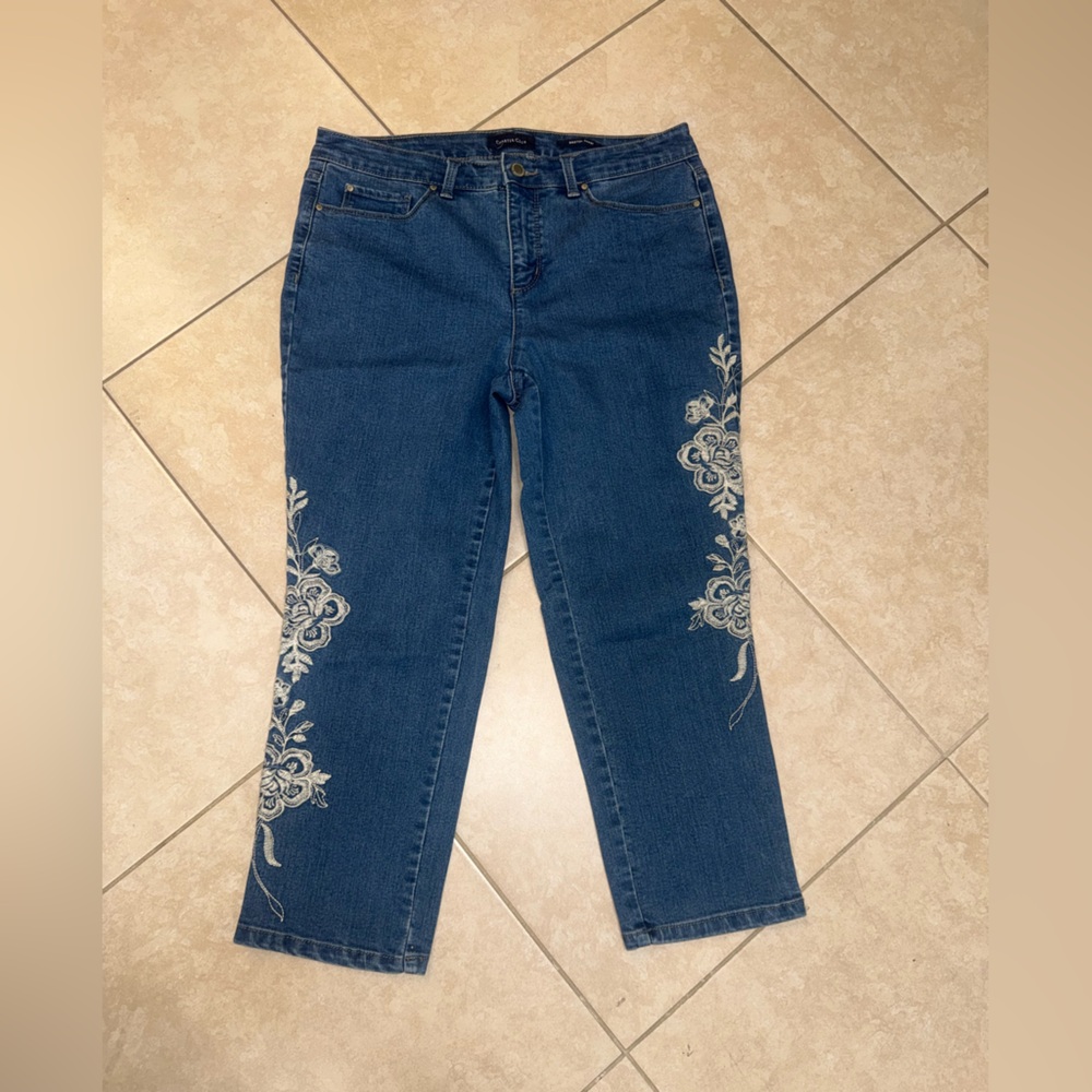 Charter Club Blue Cropped Jeans with Floral Embroidery